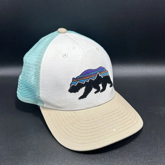 Patagonia Trucker Hat Unisex Teal Back Mesh Snap Back Bear Mountains - Picture 1 of 8